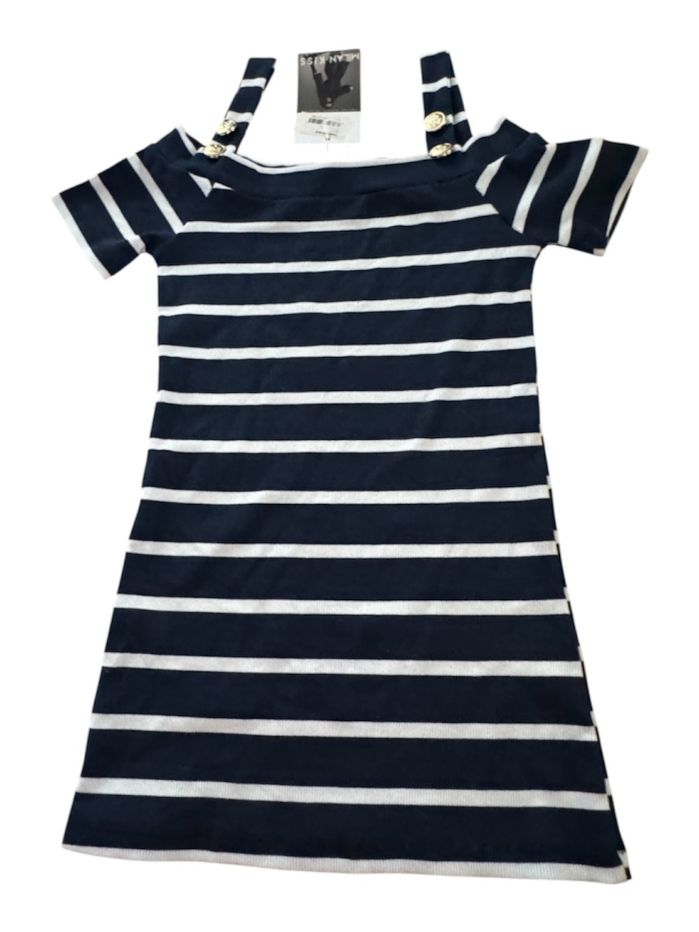 NWT Milan Kiss Cold-Shoulder Striped Ribbed Top - Navy/White (Size M)
